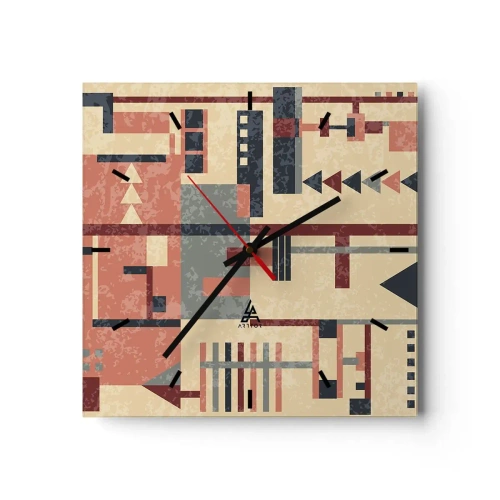 Zegar ścienny - Geometryczny wzór w pastelowych odcieniach beżu, czerwieni i szarości - 30x30cm - Kombinacja pionów i poziomów - Nowoczesna dekoracja ścienna do salonu i sypialni ARTTOR