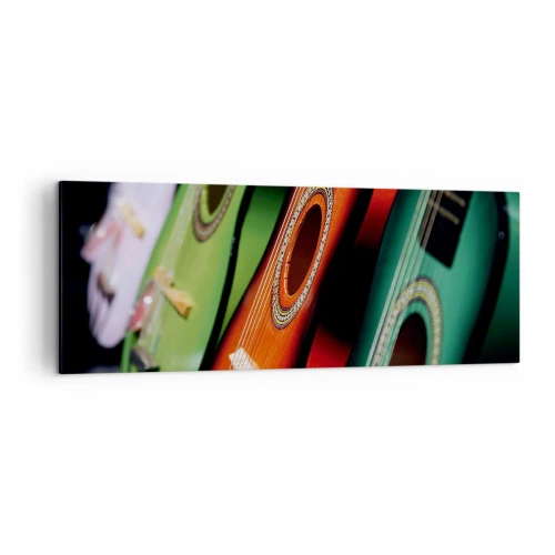 Obraz na płótnie - Kolorowe gitary w różnych odcieniach ułożone w szeregu - 140x50cm - Gitara ma wiele barw - Nowoczesna dekoracja ścienna do salonu i sypialni ARTTOR