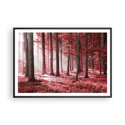 Plakat w czarnej ramie - Zachwycający las w czerwonych barwach z promieniami światła przenikającymi przez drzewa - 100x70cm - Czerwony równie piękny - Nowoczesna dekoracja ścienna do salonu i sypialni ARTTOR