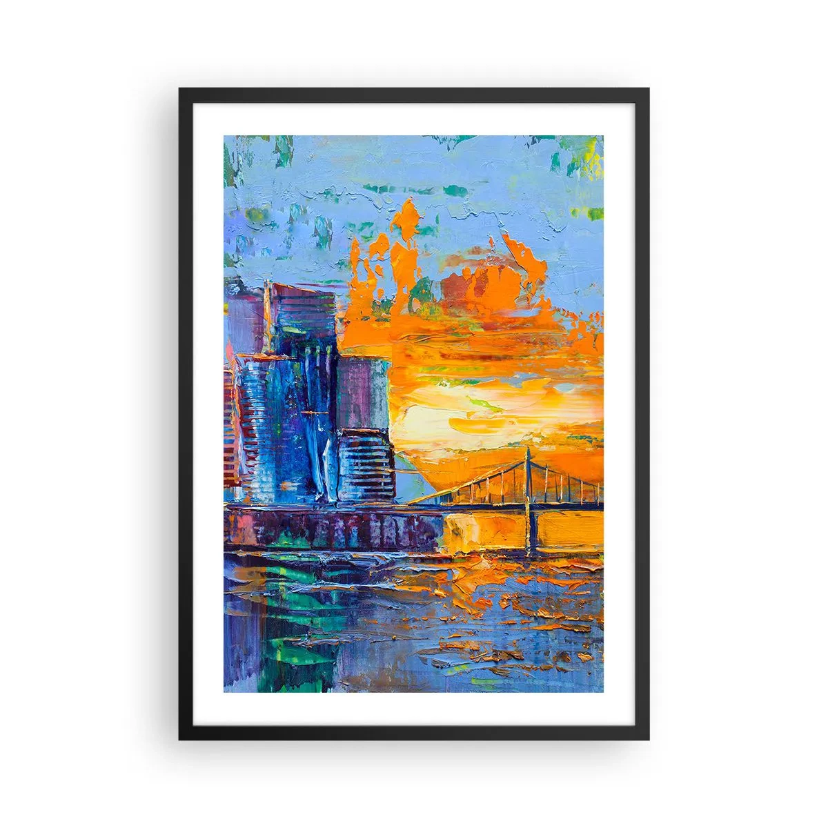 Plakat w czarnej ramie - Kolorowy most i miasto w blasku zachodzącego słońca - 50x70cm - Kultura i natura - Nowoczesna dekoracja ścienna do salonu i sypialni ARTTOR