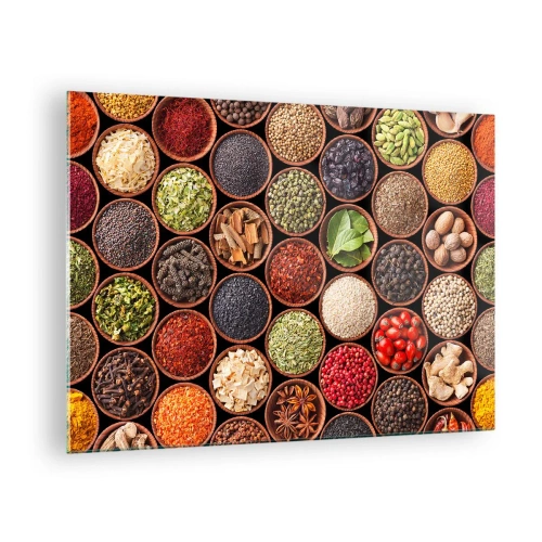 Obraz na szkle - Kompozycja różnorodnych przypraw w drewnianych miseczkach - 70x50cm - Wszystkie smaki świata - Nowoczesna dekoracja ścienna do salonu i sypialni ARTTOR