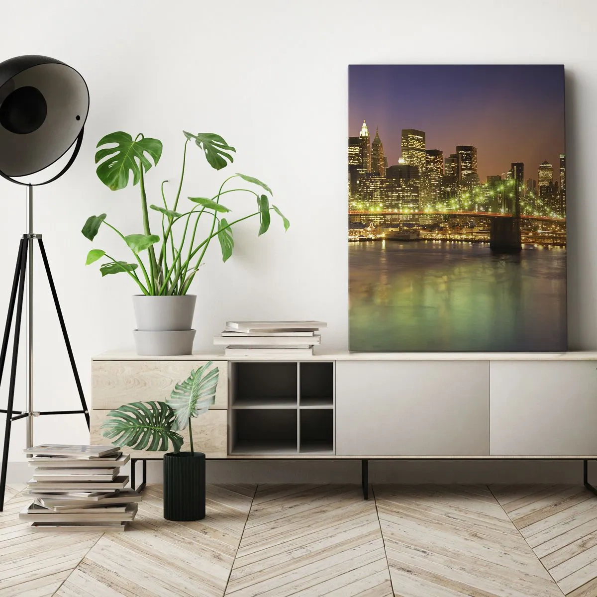 Obraz na płótnie - Oświetlony most w nowoczesnym mieście nocą - 80x120cm - Tu światło nigdy nie gaśnie - Nowoczesna dekoracja ścienna do salonu i sypialni ARTTOR