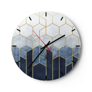 Zegar ścienny - Geometryczny wzór z sześcianów w odcieniach niebieskiego i złota - 30x30cm - Kompozycja w synkopowym rytmie - Nowoczesna dekoracja ścienna do salonu, kuchni i sypialni ARTTOR