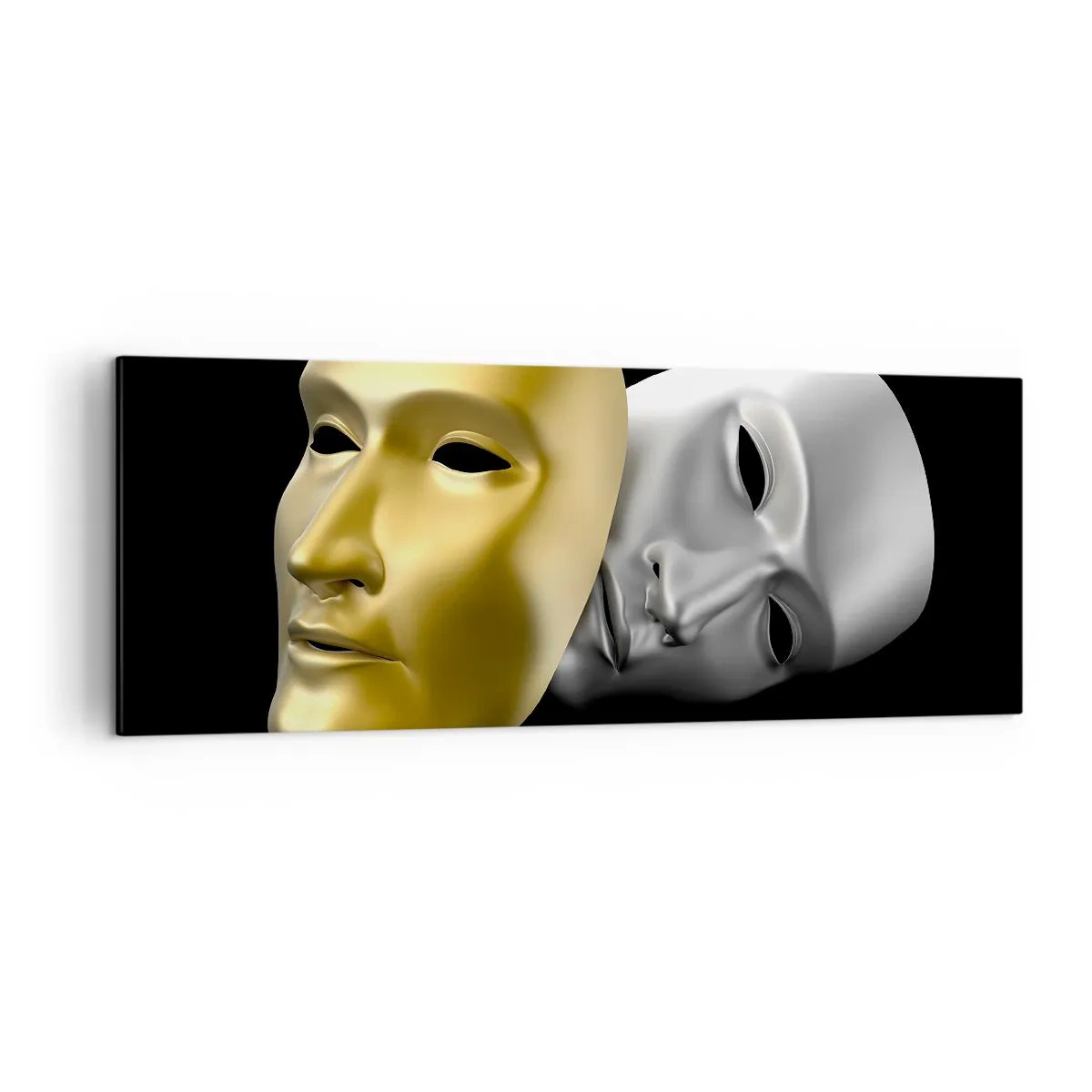 Obraz na płótnie - Złota i srebrna maska na czarnym tle - 140x50cm - Życie to jest teatr - Nowoczesna dekoracja ścienna do salonu i sypialni ARTTOR