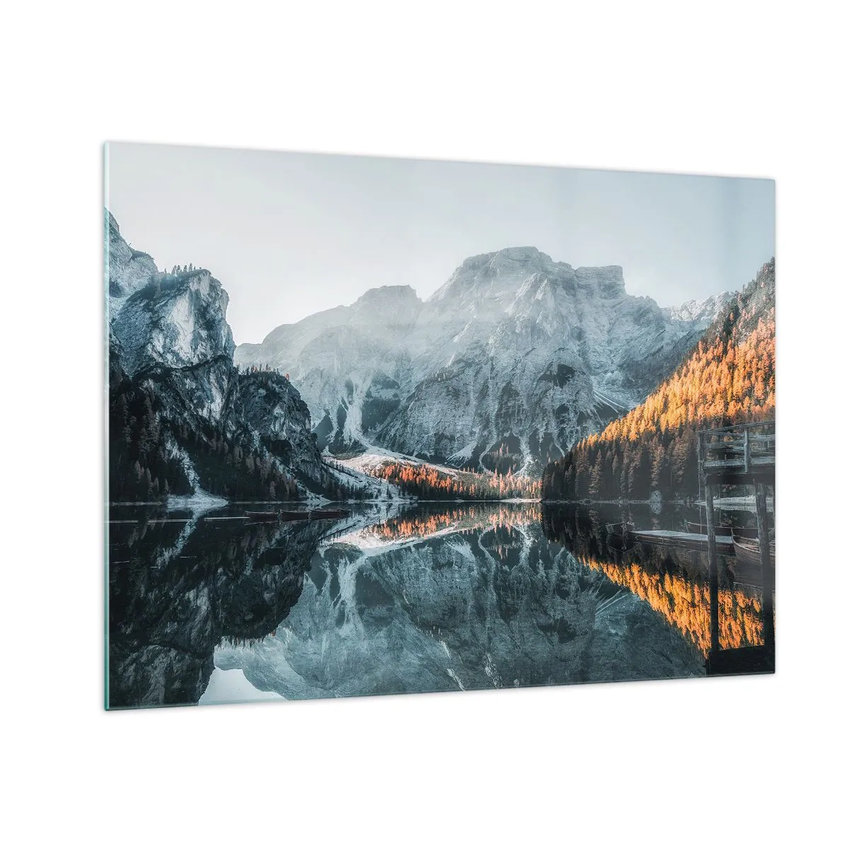 Obraz na szkle - Górski krajobraz odbijający się w spokojnej tafli jeziora - 70x50cm - Lustrzany pejzaż - Nowoczesna dekoracja ścienna do salonu i sypialni ARTTOR