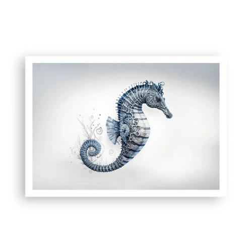 Plakat - Konik morski w odcieniach niebieskiego z detalami akwareli - 100x70cm - Subtelny żart natury - Nowoczesna dekoracja ścienna do salonu i sypialni ARTTOR