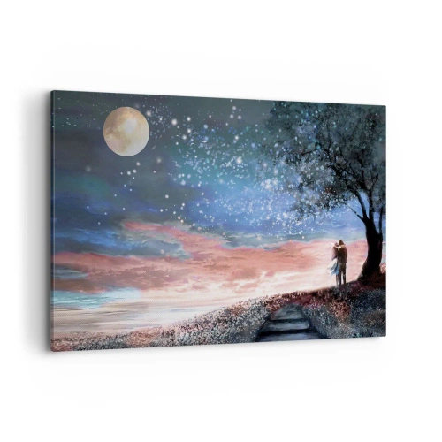 Obraz na płótnie - Romantyczna scena pary pod pełnią księżyca - 120x80cm - Gwiaździsty spektakl - Nowoczesna dekoracja ścienna do salonu, kuchni i sypialni ARTTOR