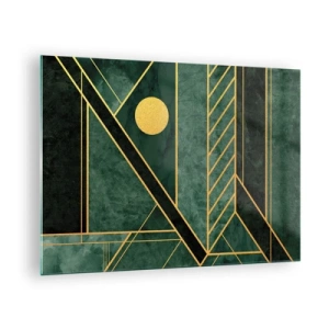 Obraz na szkle - Zielono-złota abstrakcja geometryczna w stylu art deco - 70x50cm - Dynamika złota i lazuru - Nowoczesna dekoracja ścienna do salonu i sypialni ARTTOR