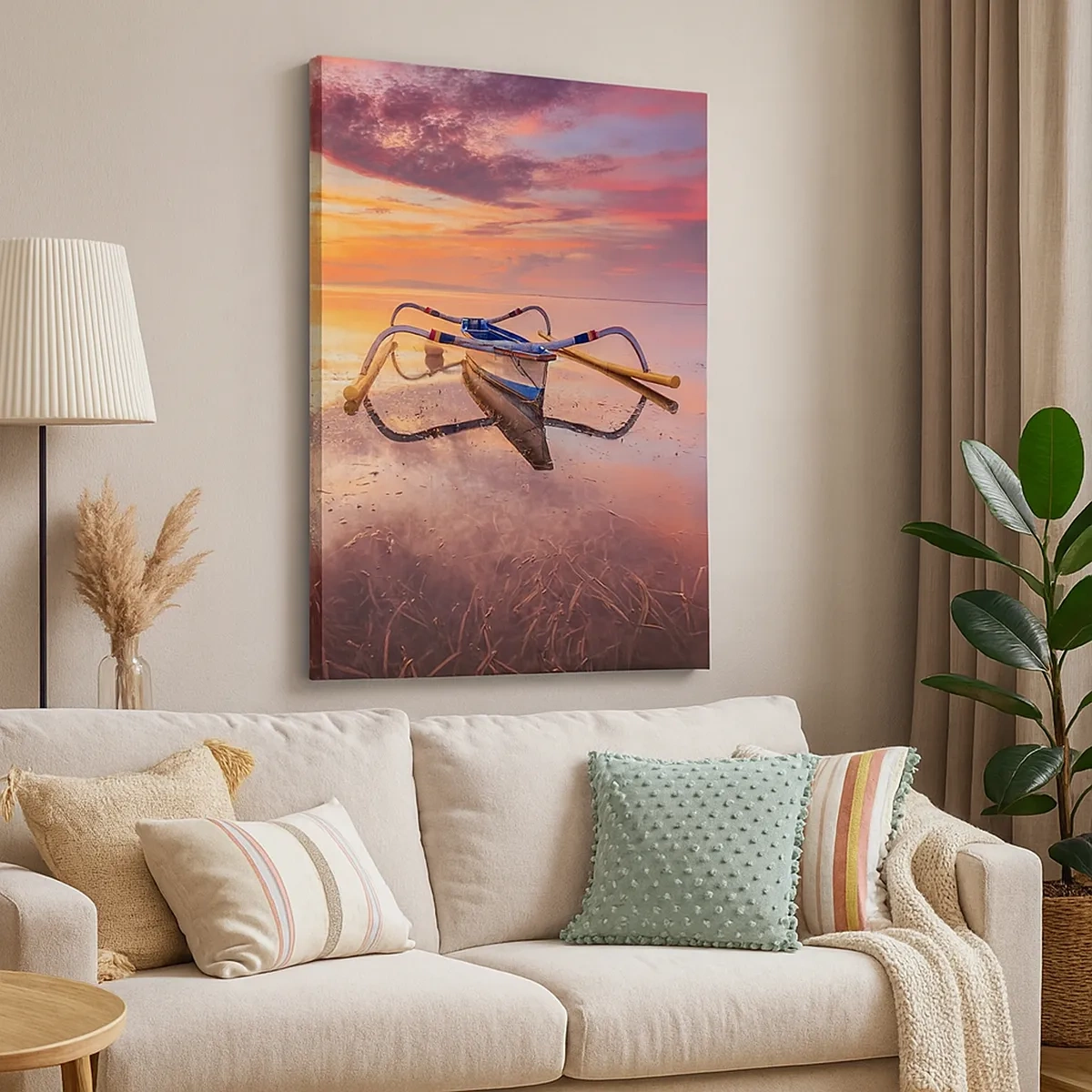 Obraz na płótnie - Tradycyjna łódź na spokojnym jeziorze o zachodzie słońca - 50x70cm - Spokój tropikalnego wieczoru - Nowoczesna dekoracja ścienna do salonu, kuchni i sypialni ARTTOR