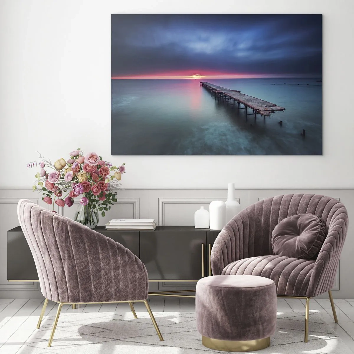 Obraz na szkle - Molo prowadzące w stronę zachodzącego słońca - 70x50cm - Między niebem a ziemią - Nowoczesna dekoracja ścienna do salonu i sypialni ARTTOR