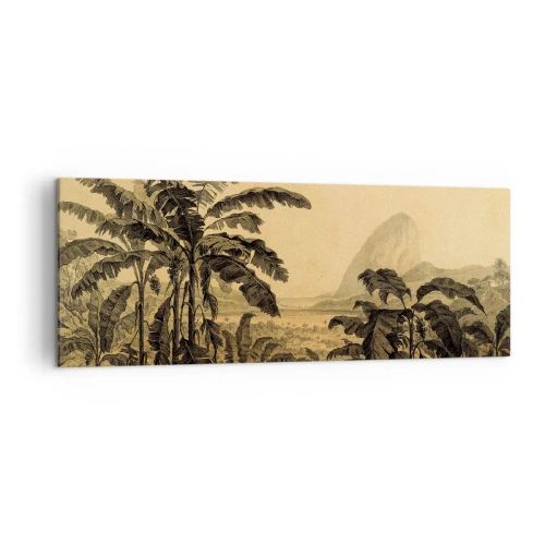 Obraz na płótnie - Rysunek bananowców na tle tropikalnego krajobrazu - 140x50cm - w kolonialnym klimacie - Nowoczesna dekoracja ścienna do salonu i sypialni ARTTOR