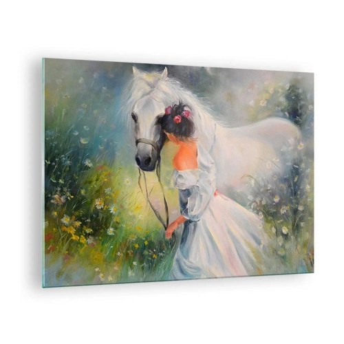 Obraz na szkle - Kobieta w białej sukni z białym koniem na łące pełnej kwiatów - 70x50cm - Jak z pięknego snu - Nowoczesna dekoracja ścienna do salonu i sypialni ARTTOR