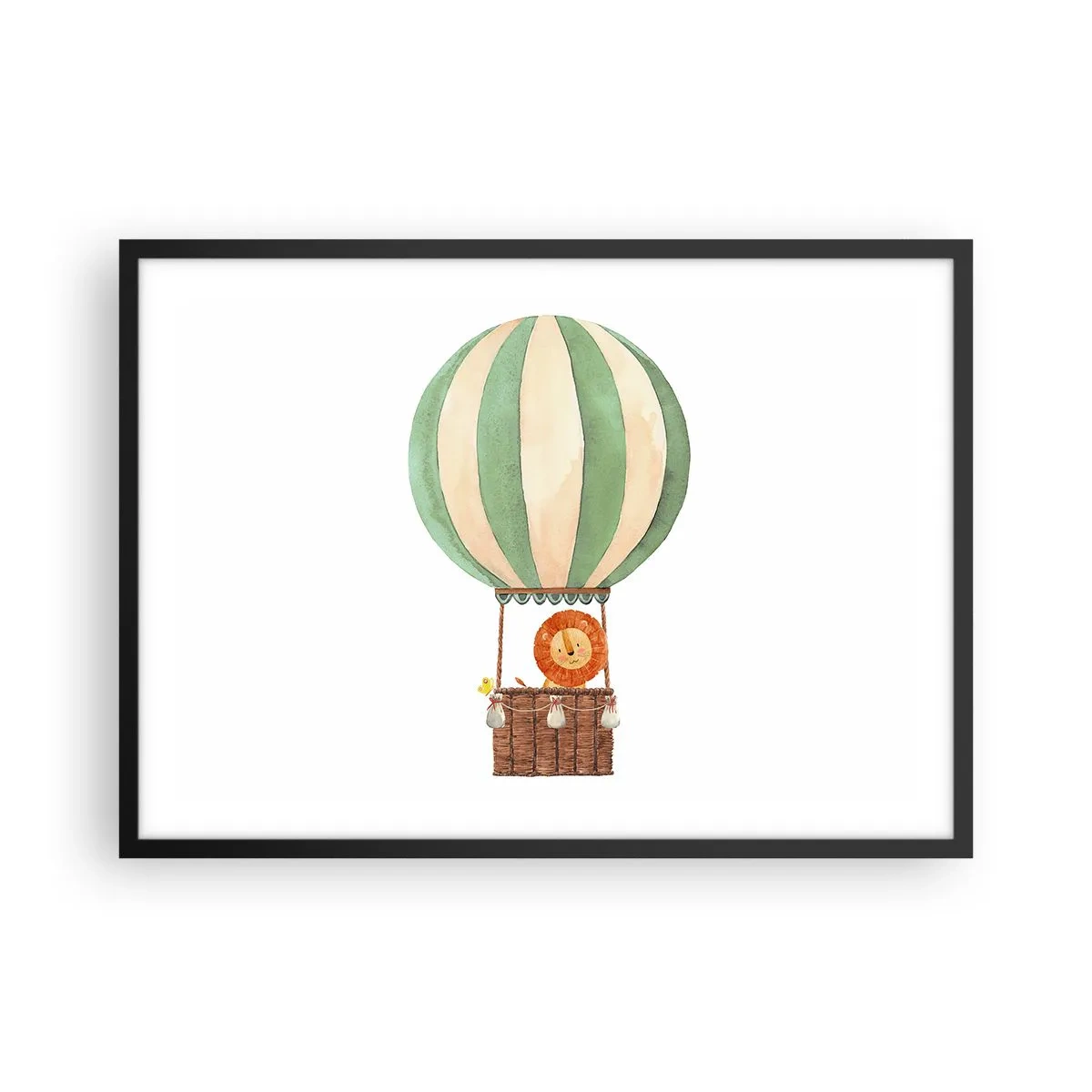 Plakat w czarnej ramie - Balon z uśmiechniętym lwem w koszu w pastelowych barwach - 70x50cm - Podróże Leona - Nowoczesna dekoracja ścienna do salonu i sypialni ARTTOR