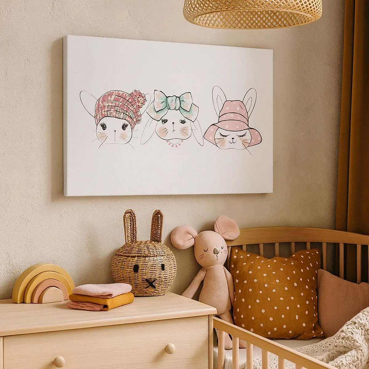 Obraz na płótnie - Urocze króliczki w pastelowych nakryciach głowy - 70x50cm - Zamyślona, smutna, zadowolona - Nowoczesna dekoracja ścienna do salonu i sypialni ARTTOR