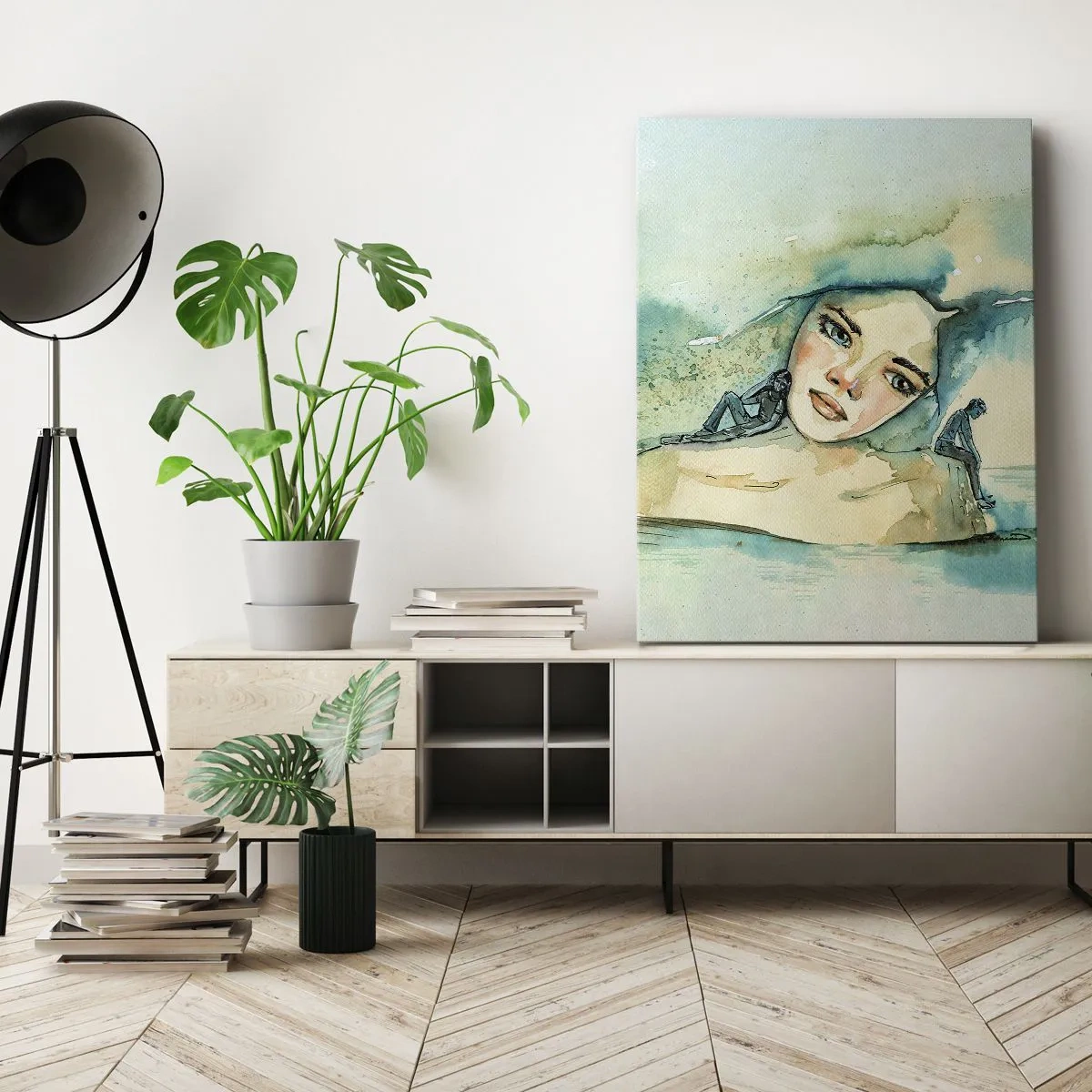 Obraz na płótnie - Portret kobiety w stylu akwarelowym w odcieniach błękitu i beżu - 50x70cm - Am I blue? - Nowoczesna dekoracja ścienna do salonu, kuchni i sypialni ARTTOR