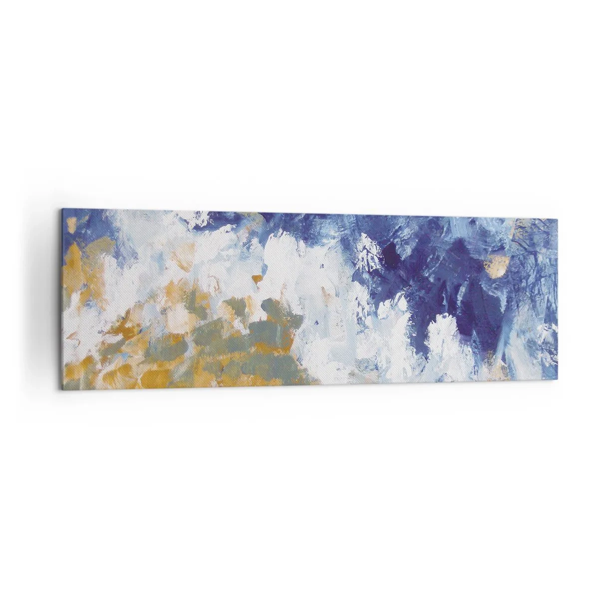 Obraz na płótnie - Abstrakcja w odcieniach błękitu, bieli i złota - 160x50cm - Taniec żywiołów - Nowoczesna dekoracja ścienna do salonu i sypialni ARTTOR