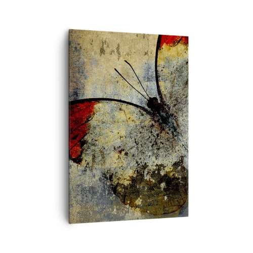 Obraz na płótnie - Motyl w odcieniach czerwieni i szarości na teksturowanym tle - 70x100cm - Patrz, zanim zniknę - Nowoczesna dekoracja ścienna do salonu i sypialni ARTTOR