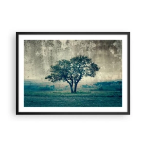 Plakat w czarnej ramie - Samotne drzewo na tle zamglonego krajobrazu - 70x50cm - Jabłoń na błękitnym błoniu? - Nowoczesna dekoracja ścienna do salonu i sypialni ARTTOR