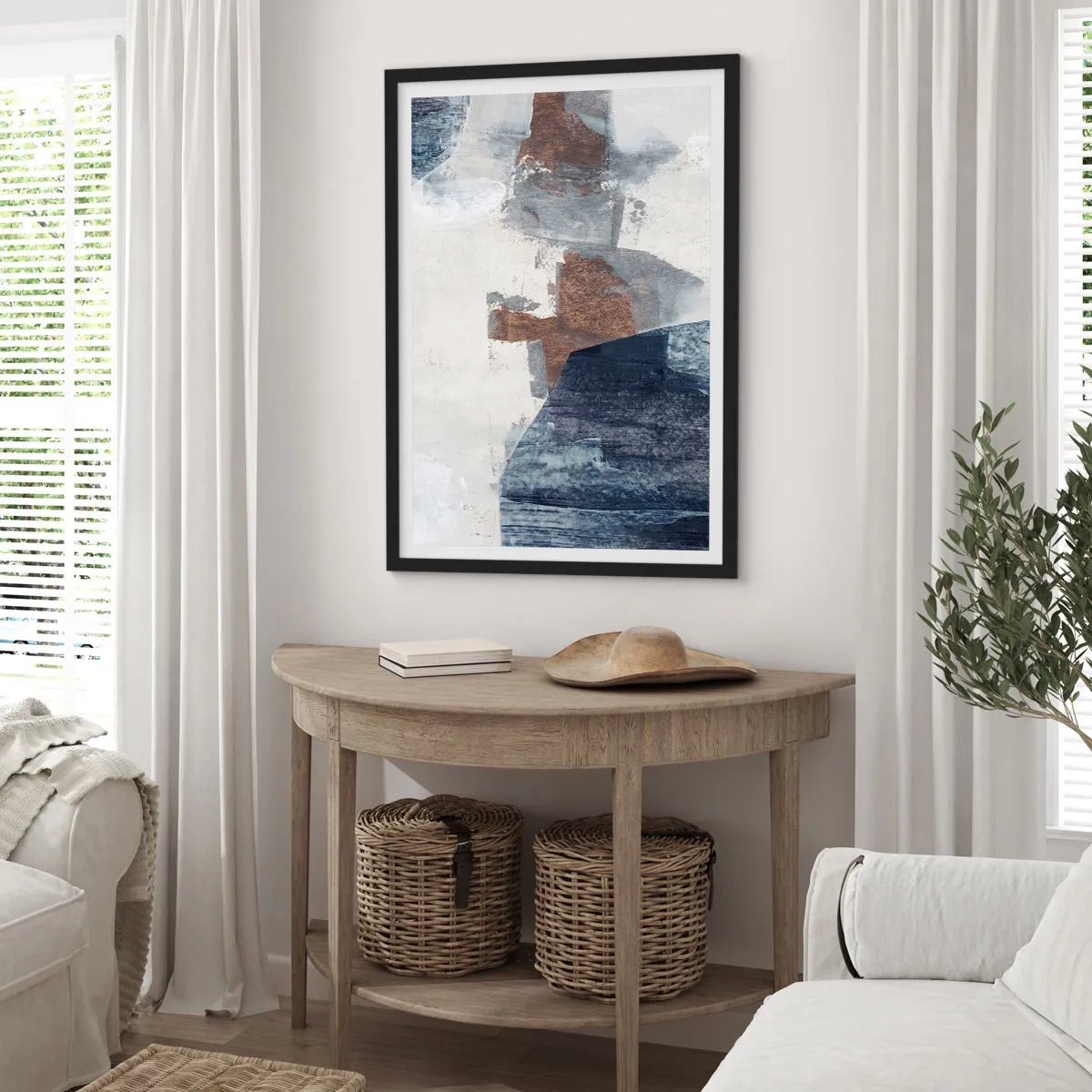 Plakat w czarnej ramie - Nowoczesna abstrakcja w odcieniach brązu i granatu - 50x70cm - Błękitno-brunatne kształty - Nowoczesna dekoracja ścienna do salonu i sypialni ARTTOR
