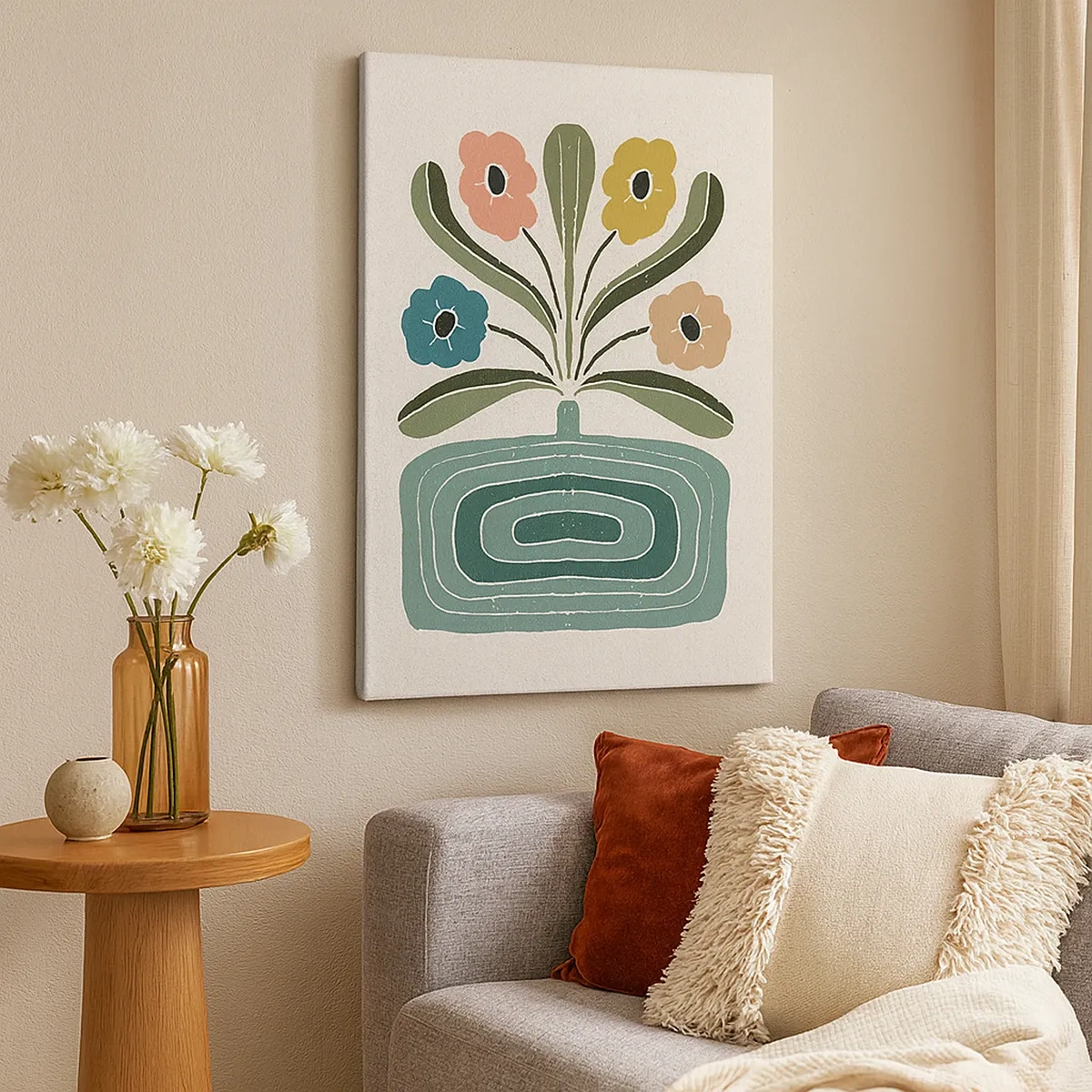 Obraz na płótnie - Kolorowe kwiaty w geometrycznym wazonie na jasnym tle - 50x70cm - Bukiet symetryczny - Nowoczesna dekoracja ścienna do salonu, kuchni i sypialni ARTTOR