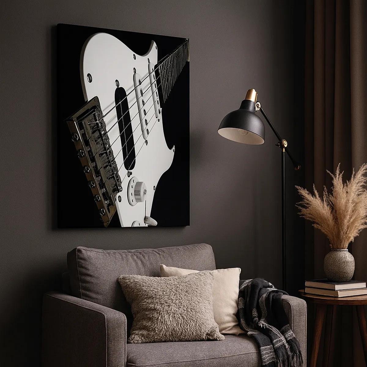 Obraz na płótnie - Zbliżenie na białą gitarę elektryczną z czarnymi detalami - 50x70cm - Ukryty w bieli dźwięk - Nowoczesna dekoracja ścienna do salonu, kuchni i sypialni ARTTOR
