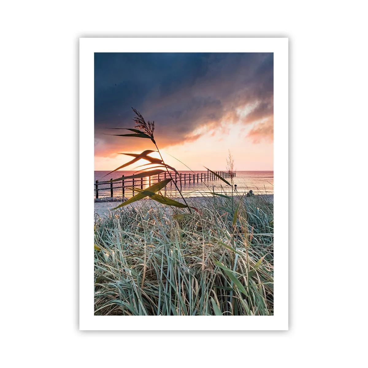 Plakat - Pomost nad morzem otoczony trawą podczas zachodu słońca - 50x70cm - Nie przemija z wiatrem - Nowoczesna dekoracja ścienna do salonu, kuchni i sypialni ARTTOR