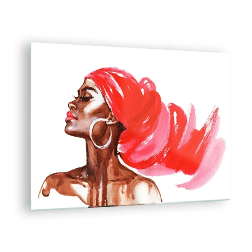 Obraz na szkle - Kobiecy portret w czerwonym turbanie w stylu akwarelowym - 70x50cm - "Jest wiatr, co nozdrza mężczyzny rozchyla" - Nowoczesna dekoracja ścienna do salonu i sypialni ARTTOR