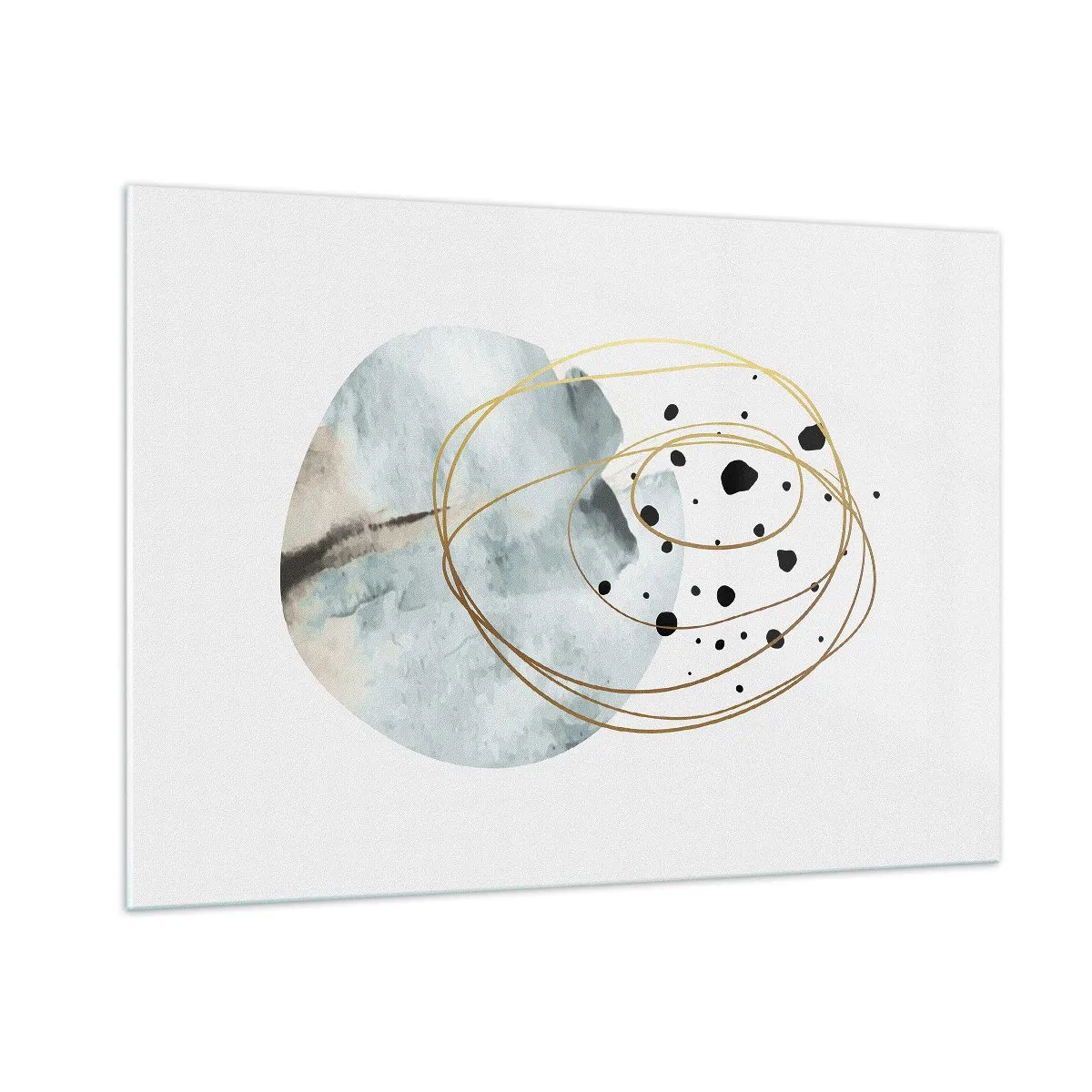 Obraz na szkle - Abstrakcyjna kompozycja z błękitną plamą i złotymi liniami - 100x70cm - W objęciach przestrzeni - Nowoczesna dekoracja ścienna do salonu, kuchni i sypialni ARTTOR