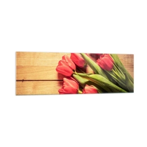 Obraz na szkle - Bukiet różowych tulipanów na drewnianym tle - 160x50cm - Wiosenne wyznanie - Nowoczesna dekoracja ścienna do salonu i sypialni ARTTOR