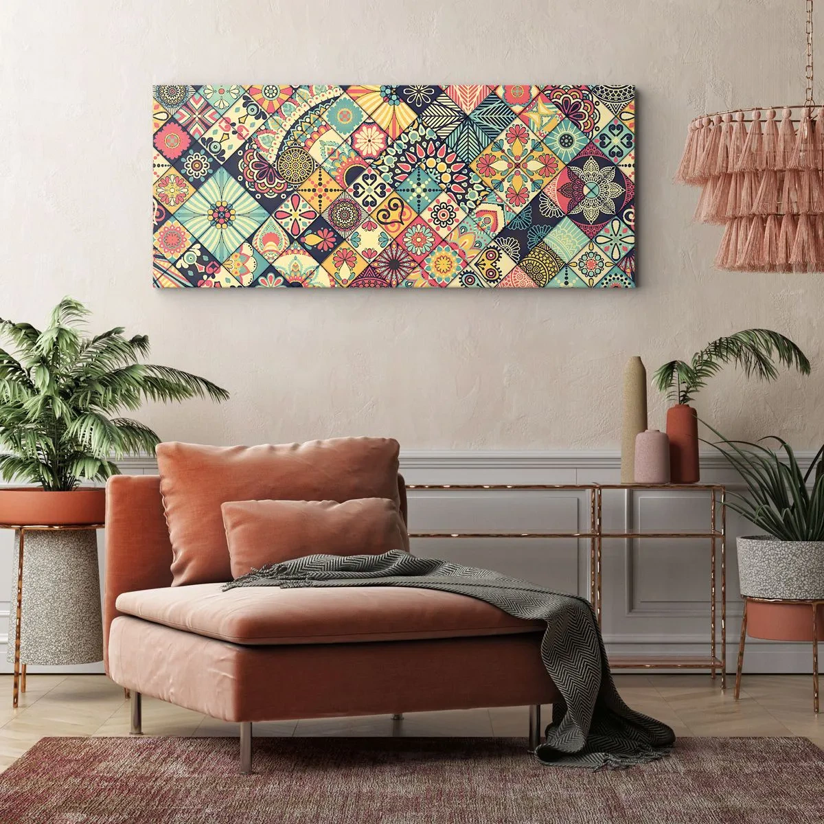 Obraz na płótnie - Kolorowe geometryczne wzory inspirowane stylem marokańskim - 140x50cm - Marokańskie klimaty - Nowoczesna dekoracja ścienna do salonu i sypialni ARTTOR