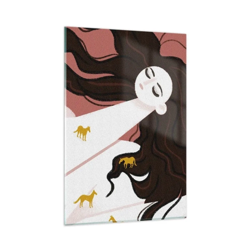 Obraz na szkle - Postać z zamkniętymi oczami otoczona złotymi końmi - 80x120cm - Sen o złotym koniu - Nowoczesna dekoracja ścienna do salonu i sypialni ARTTOR