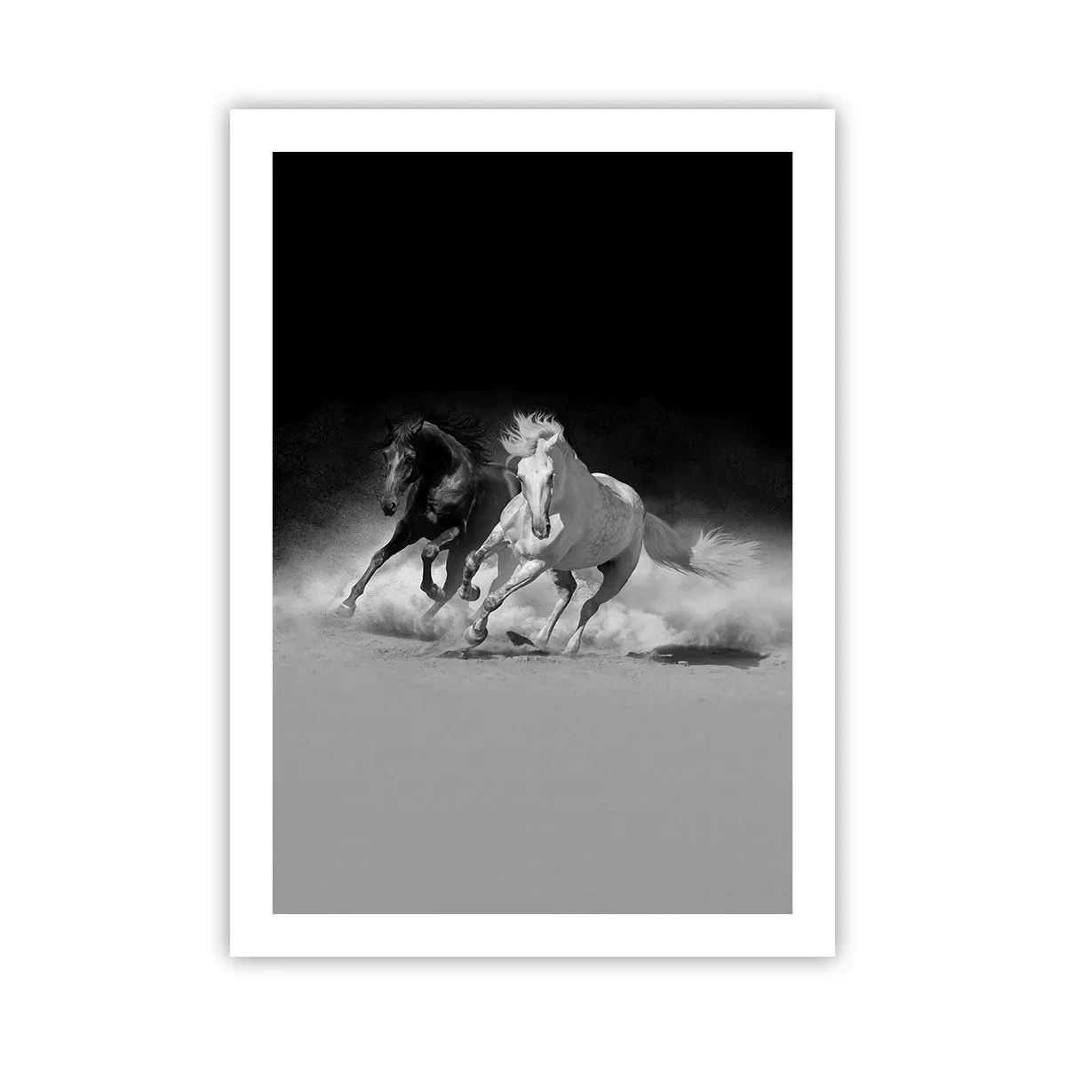 Plakat - Galopujące konie na tle monochromatycznej scenerii - 50x70cm - Galop wolności - Nowoczesna dekoracja ścienna do salonu, kuchni i sypialni ARTTOR