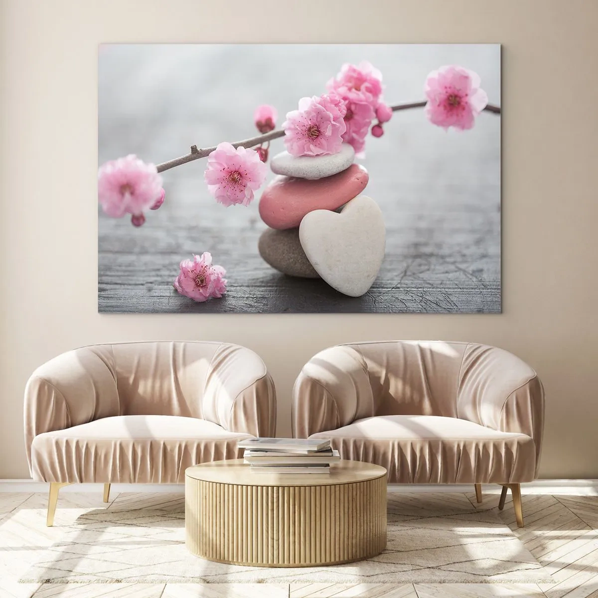 Obraz na szkle - Różowe kwiaty wiśni i kamienie w kształcie serca - 70x50cm - Błogość z kwiatem wiśni - Nowoczesna dekoracja ścienna do salonu i sypialni ARTTOR