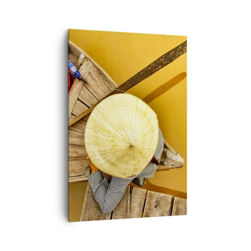 Obraz na płótnie - Tradycyjna łódź widziana z lotu ptaka - 70x100cm - Życie na żółtej rzece - Nowoczesna dekoracja ścienna do salonu i sypialni ARTTOR