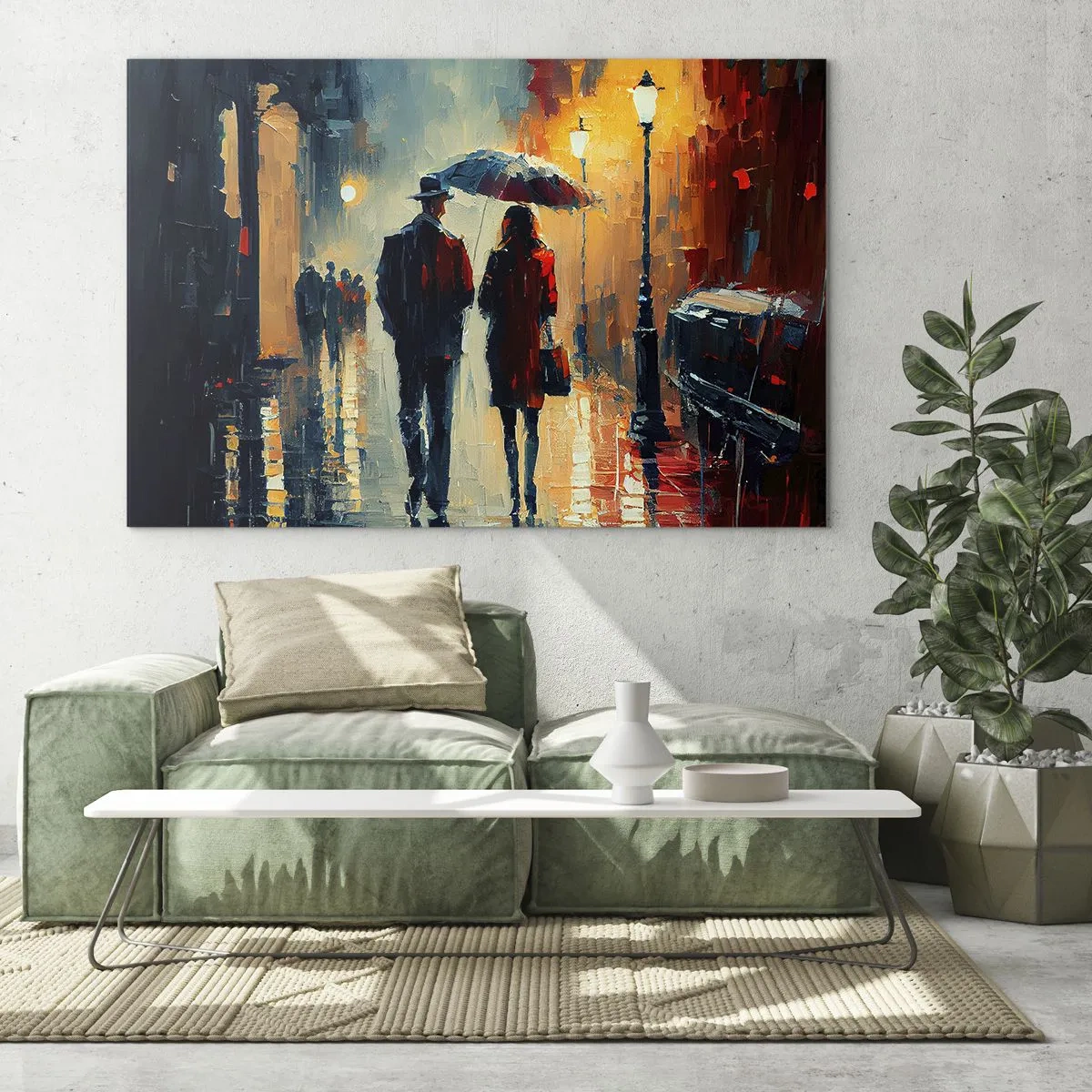 Obraz na szkle - Para z parasolem spacerująca nocą po mokrej ulicy - 70x50cm - Miejska love story - Nowoczesna dekoracja ścienna do salonu i sypialni ARTTOR