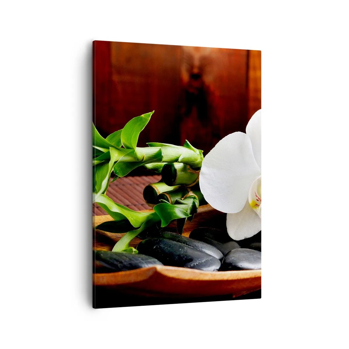 Obraz na płótnie - Bambus i biała orchidea na tle drewna - 50x70cm - Poddaj się dotykowi natury - Nowoczesna dekoracja ścienna do salonu, kuchni i sypialni ARTTOR
