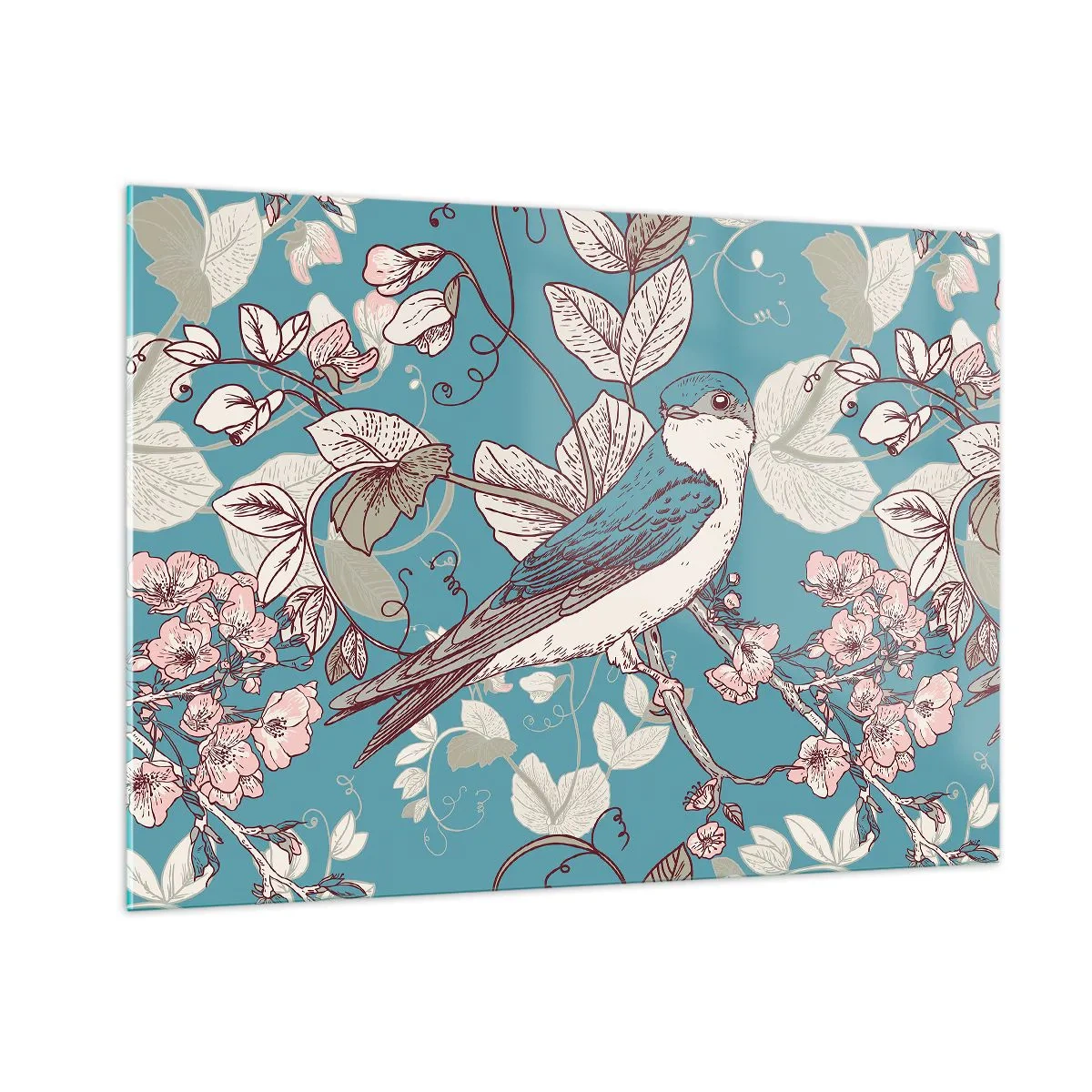Obraz na szkle - Ptak na gałęzi wśród kwiatów na turkusowym tle - 100x70cm - W białodrzewiu ćwirnie i srebliście - Nowoczesna dekoracja ścienna do salonu, kuchni i sypialni ARTTOR