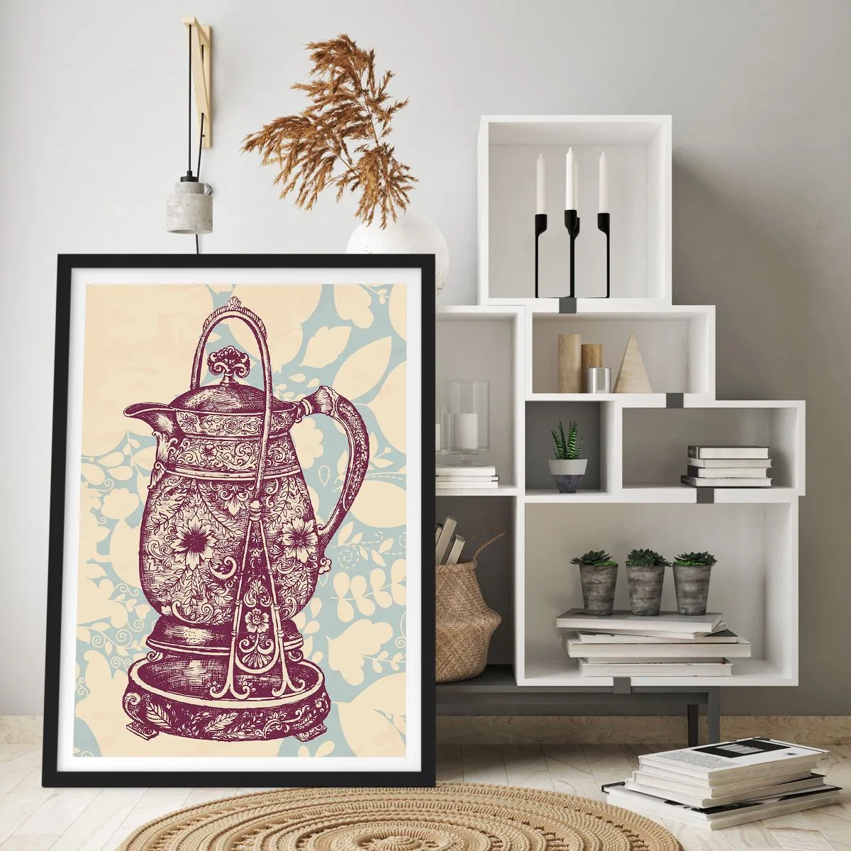 Plakat w czarnej ramie - Zdobiony dzbanek w stylu vintage na ozdobnym tle - 50x70cm - Uroda codzienności - Nowoczesna dekoracja ścienna do salonu i sypialni ARTTOR