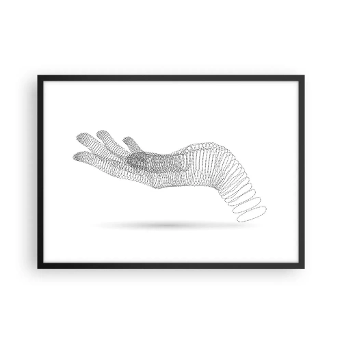 Plakat w czarnej ramie - Minimalistyczna ilustracja dłoni stworzona z czarnych kropek na białym tle - 70x50cm - Sprężysta dłoń - Nowoczesna dekoracja ścienna do salonu i sypialni ARTTOR