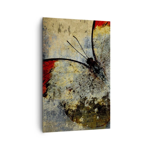 Obraz na płótnie - Motyl w odcieniach czerwieni i szarości na teksturowanym tle - 80x120cm - Patrz, zanim zniknę - Nowoczesna dekoracja ścienna do salonu i sypialni ARTTOR