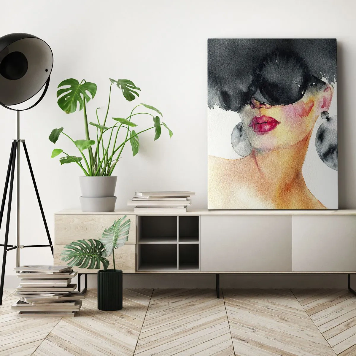 Obraz na płótnie - Akwarelowy portret kobiety w modnych okularach - 50x70cm - Tajemnica elegancji - Nowoczesna dekoracja ścienna do salonu, kuchni i sypialni ARTTOR