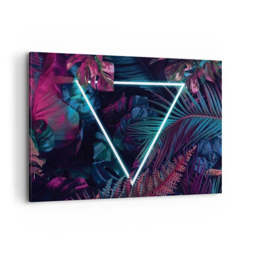 Obraz na płótnie - Neonowy trójkąt w otoczeniu tropikalnych liści w ciemnych barwach - 100x70cm - Ogród w stylu disco - Nowoczesna dekoracja ścienna do salonu, kuchni i sypialni ARTTOR