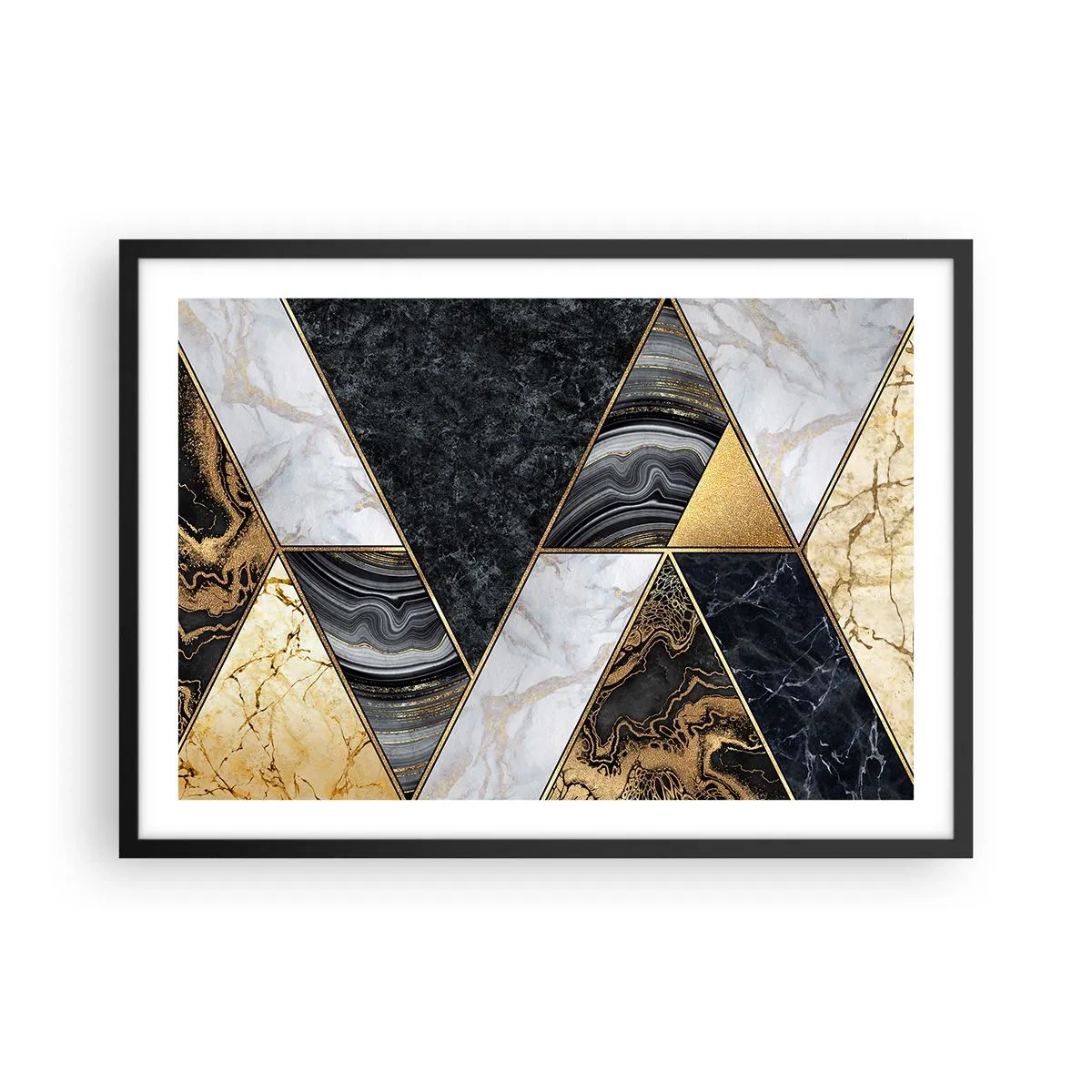 Plakat w czarnej ramie - Geometryczne trójkąty w złocie, marmurze i ciemnych odcieniach - 70x50cm - Kamień przy kamieniu - Nowoczesna dekoracja ścienna do salonu i sypialni ARTTOR