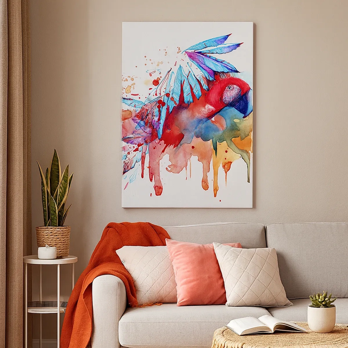 Obraz na płótnie - Kolorowa ilustracja papugi w technice akwareli - 50x70cm - Kolorowe Papugi - Nowoczesna dekoracja ścienna do salonu, kuchni i sypialni ARTTOR