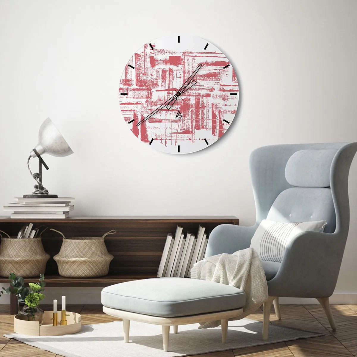 Zegar ścienny - Graficzne, abstrakcyjne symbole i tekstury w odcieniach beżu i czerni - 30x30cm - Czerwone miasto - Nowoczesna dekoracja ścienna do salonu, kuchni i sypialni ARTTOR