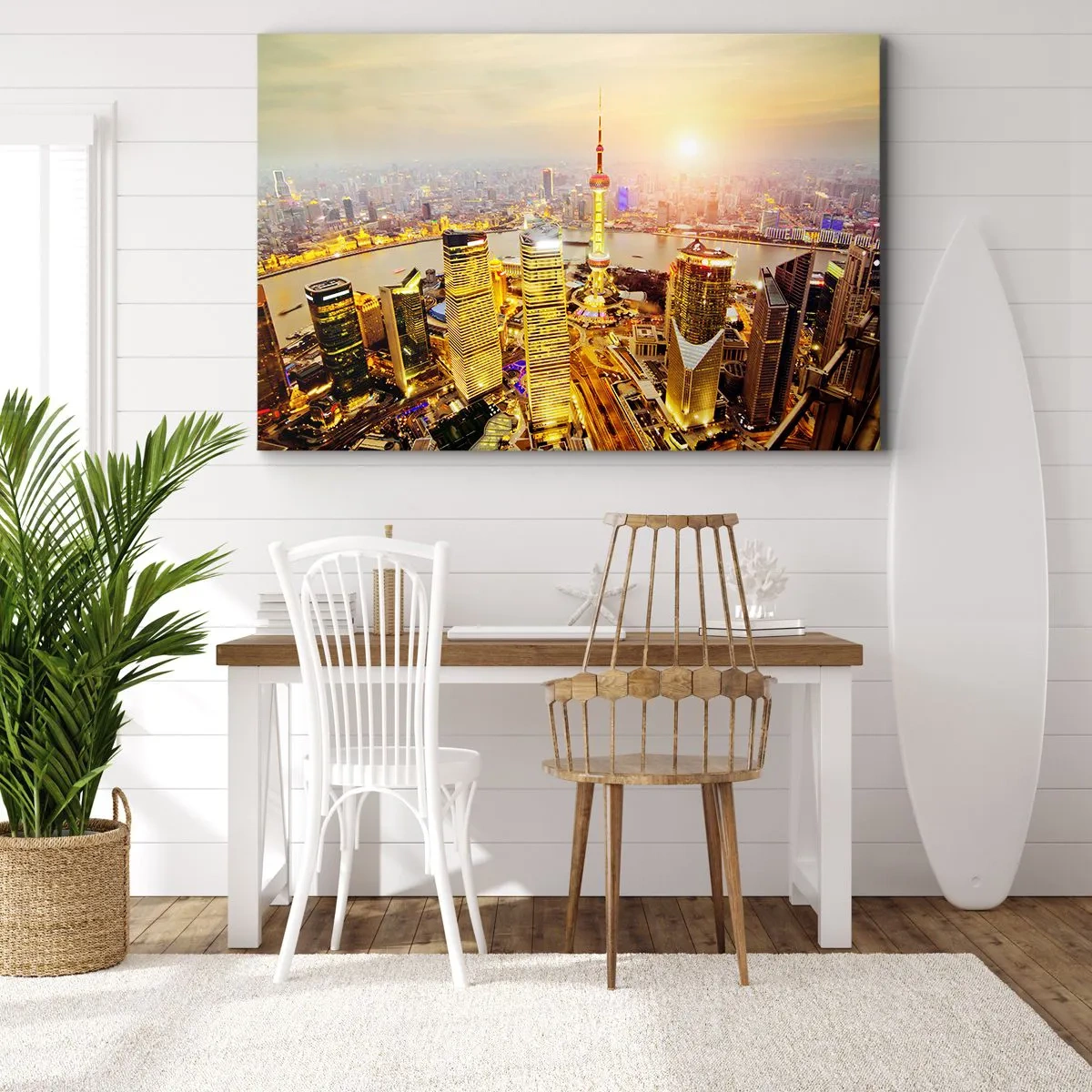 Obraz na płótnie - Panorama miasta z drapaczami chmur o zachodzie słońca - 120x80cm - Azjatycki sen - Nowoczesna dekoracja ścienna do salonu, kuchni i sypialni ARTTOR