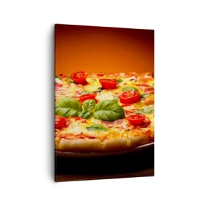 Obraz na płótnie - Pizza z pomidorami, bazylią i roztopionym serem na talerzu - 50x70cm - Mamma mia! - Nowoczesna dekoracja ścienna do salonu, kuchni i sypialni ARTTOR