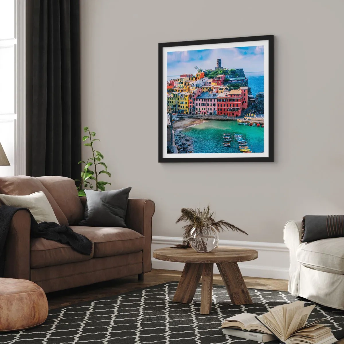 Plakat w czarnej ramie - Śródziemnomorskie magiczne miasteczko - 50x50 cm