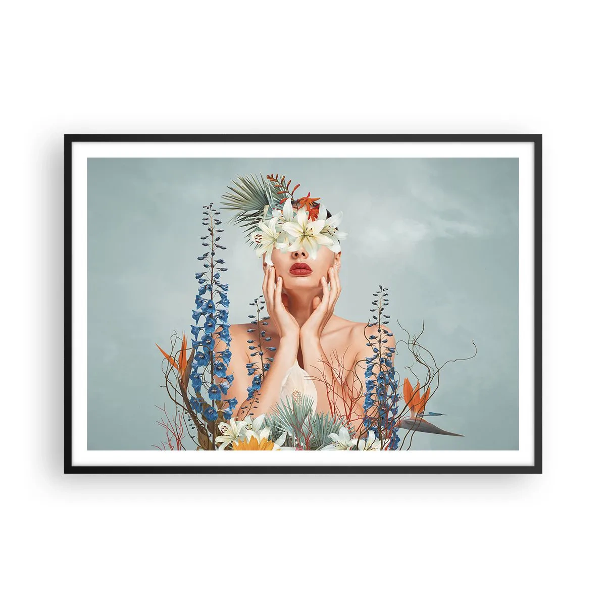 Plakat w czarnej ramie - Portret kobiety z kwiatowym motywem na tle błękitu - 100x70cm - Kobieta – kwiat - Nowoczesna dekoracja ścienna do salonu i sypialni ARTTOR