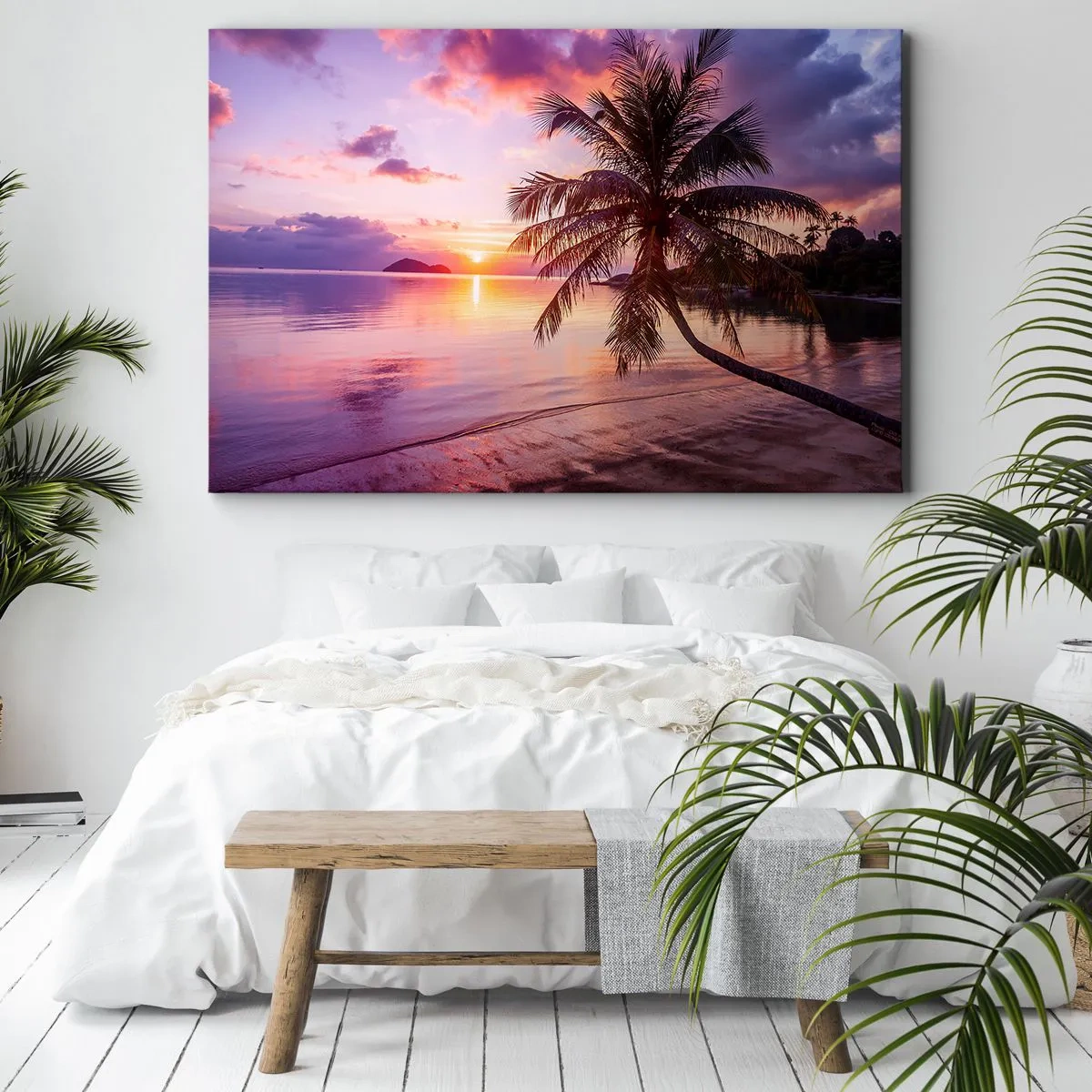 Obraz na płótnie - Tropikalna plaża z palmą o zachodzie słońca - 70x50cm - Błogość aż po horyzont - Nowoczesna dekoracja ścienna do salonu i sypialni ARTTOR
